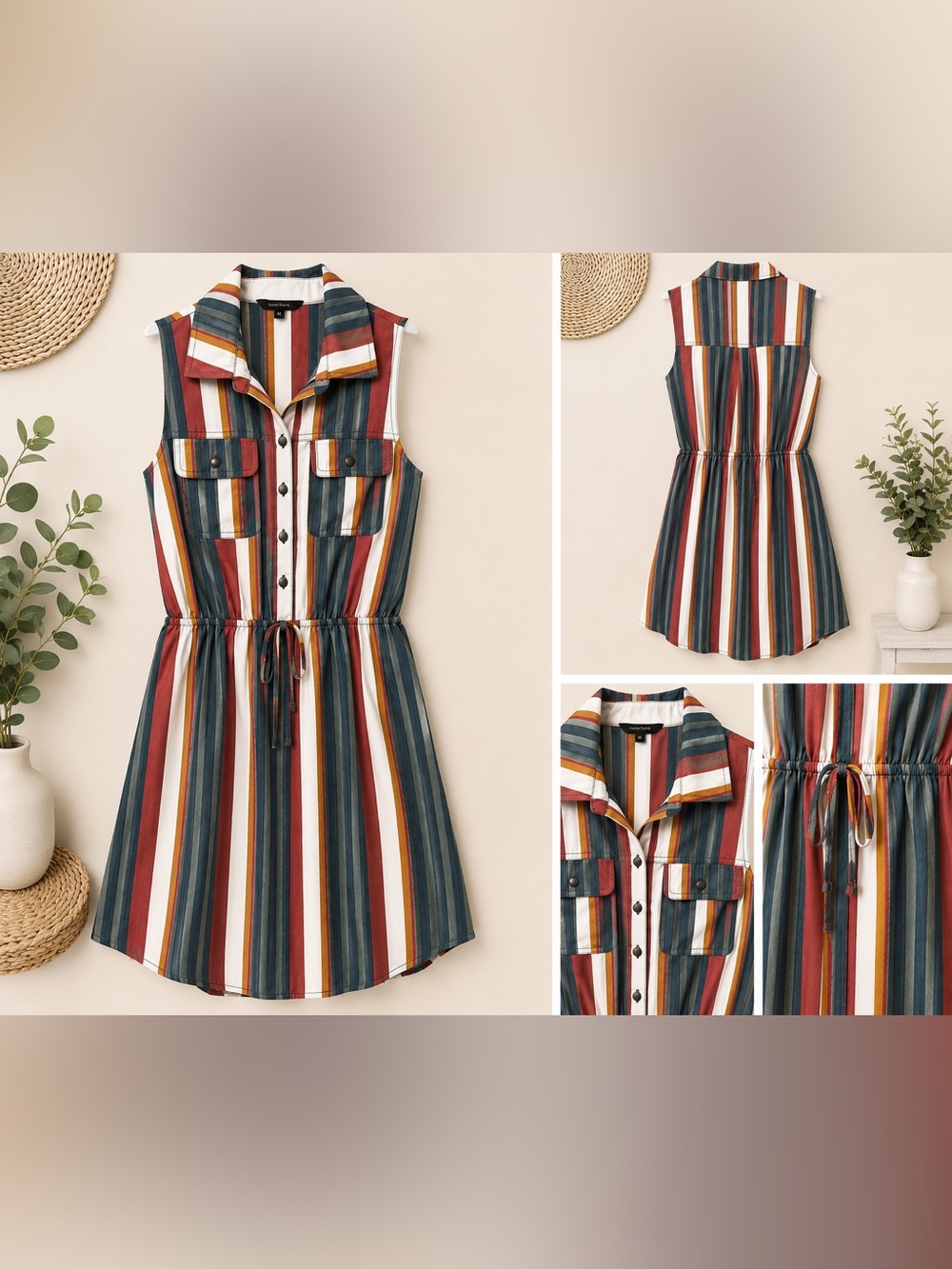 Striped Sleeveless Shirt Dress | Size Medium | Drawstring Waist | Utility Style